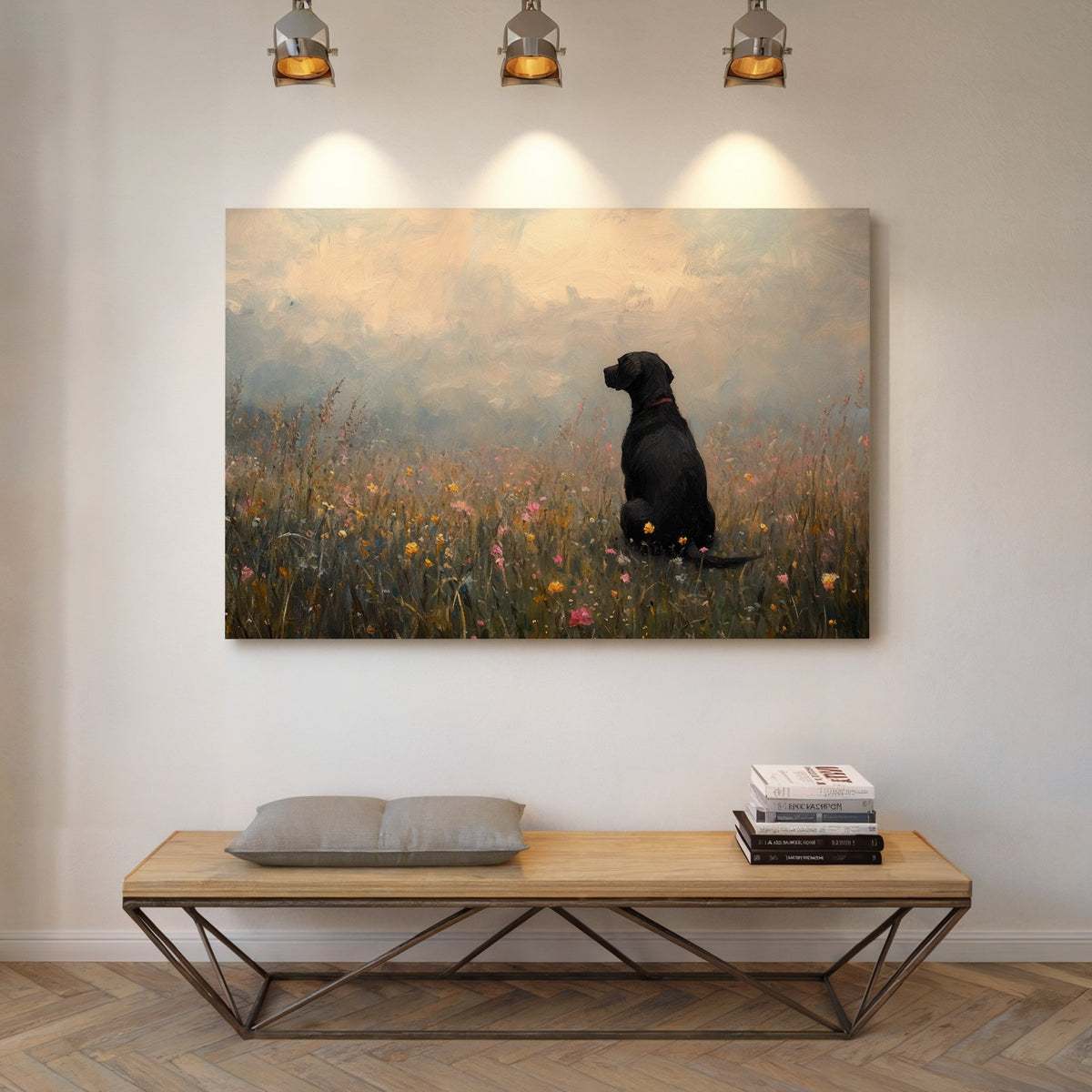 Serene Black Lab in Wildflowers – Rustic Dog Art Print - Quarter Circle AK Boutique