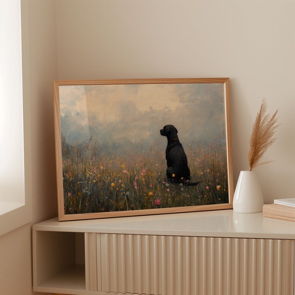 Serene Black Lab in Wildflowers – Rustic Dog Art Print - Quarter Circle AK Boutique