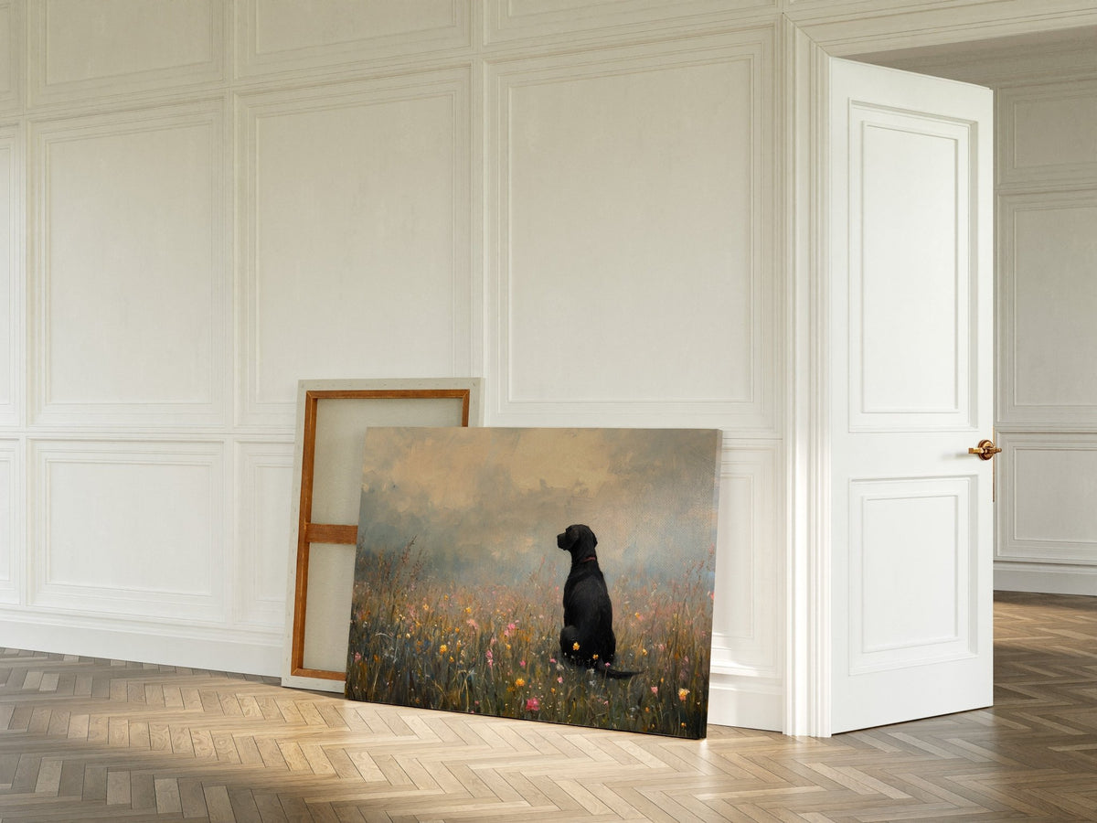 Serene Black Lab in Wildflowers – Rustic Dog Art Print - Quarter Circle AK Boutique