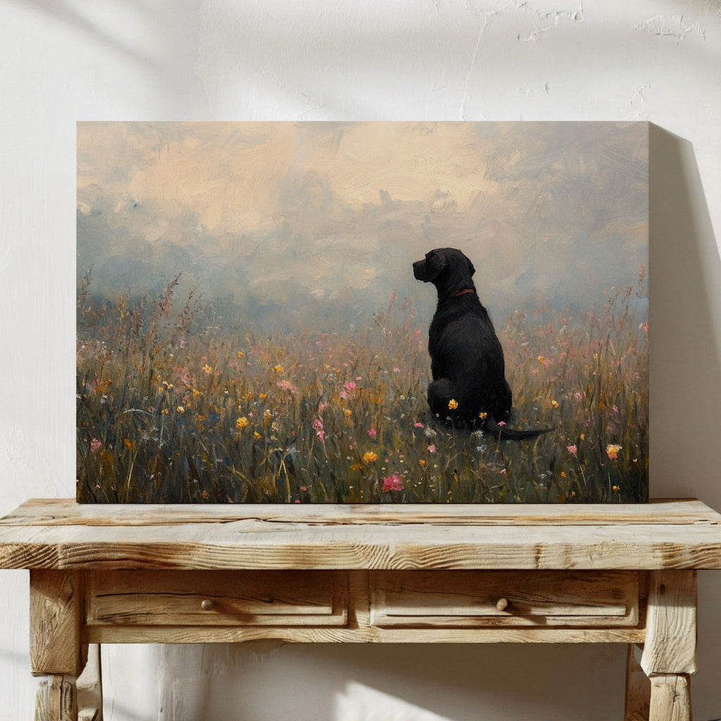 Serene Black Lab in Wildflowers – Rustic Dog Art Print - Quarter Circle AK Boutique
