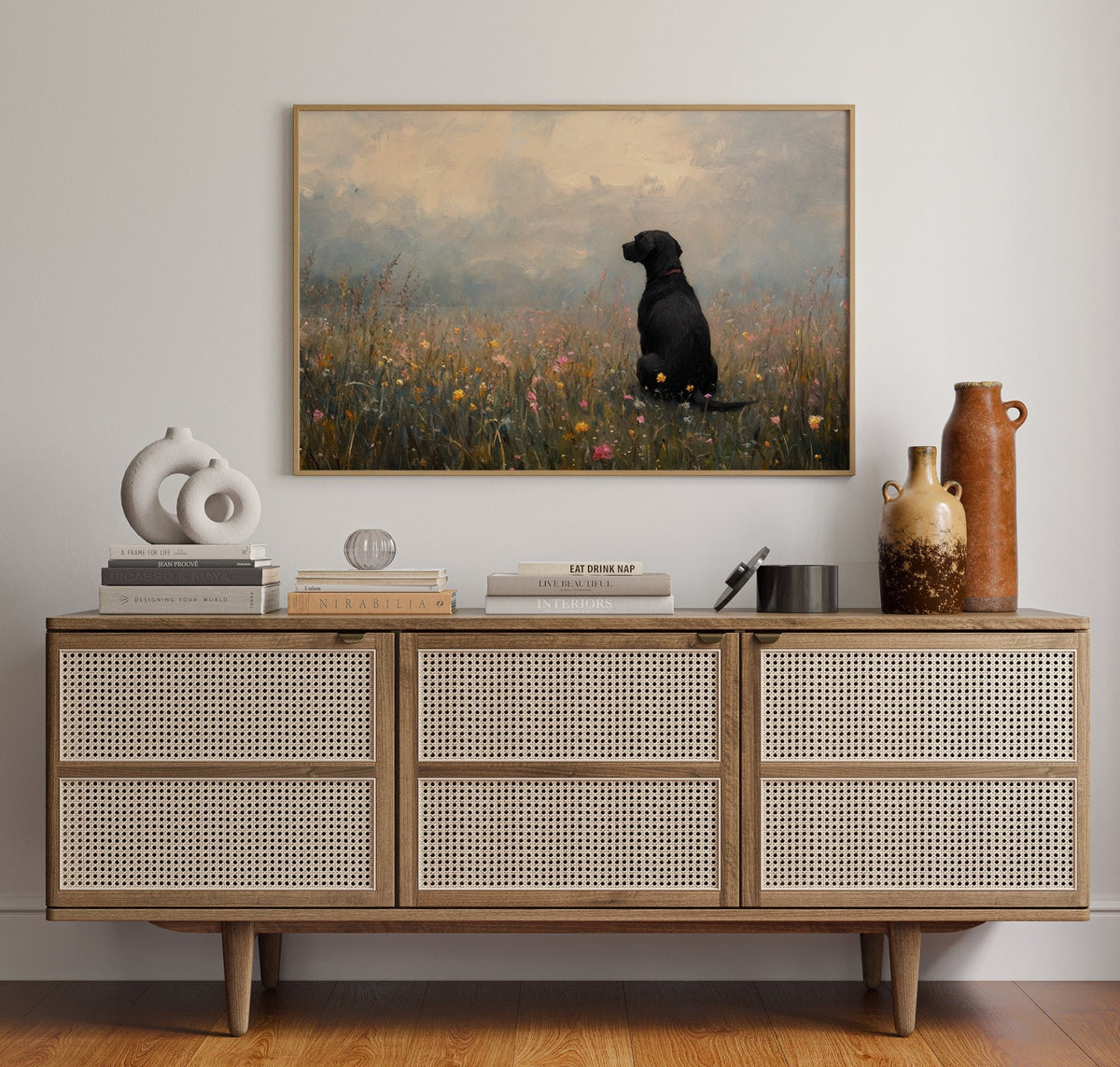 Serene Black Lab in Wildflowers – Rustic Dog Art Print - Quarter Circle AK Boutique
