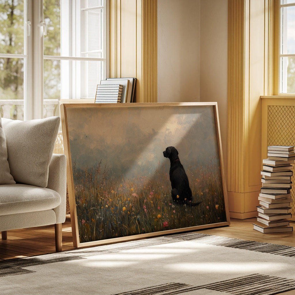 Serene Black Lab in Wildflowers – Rustic Dog Art Print - Quarter Circle AK Boutique