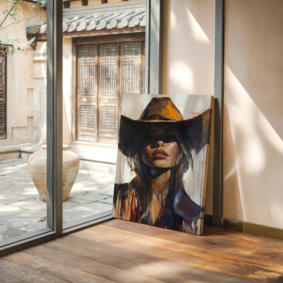 Shadowed Cowgirl Canvas – Western Femme Fatale Wall Art - Quarter Circle AK Boutique