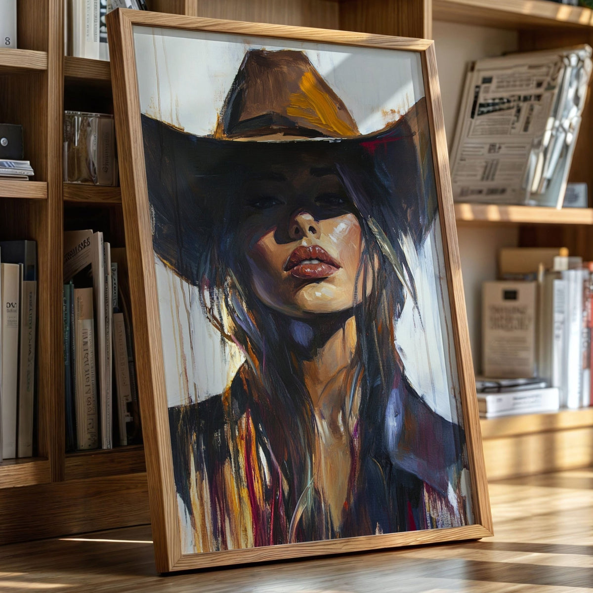 Shadowed Cowgirl Canvas – Western Femme Fatale Wall Art - Quarter Circle AK Boutique