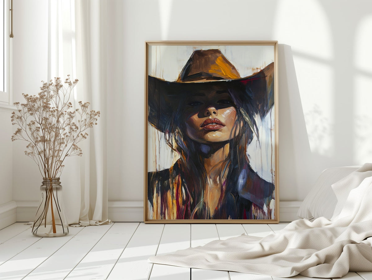 Shadowed Cowgirl Canvas – Western Femme Fatale Wall Art - Quarter Circle AK Boutique