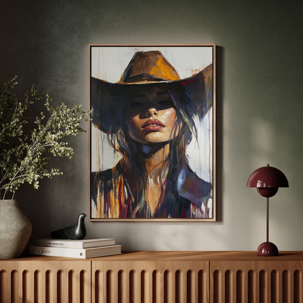 Shadowed Cowgirl Canvas – Western Femme Fatale Wall Art - Quarter Circle AK Boutique