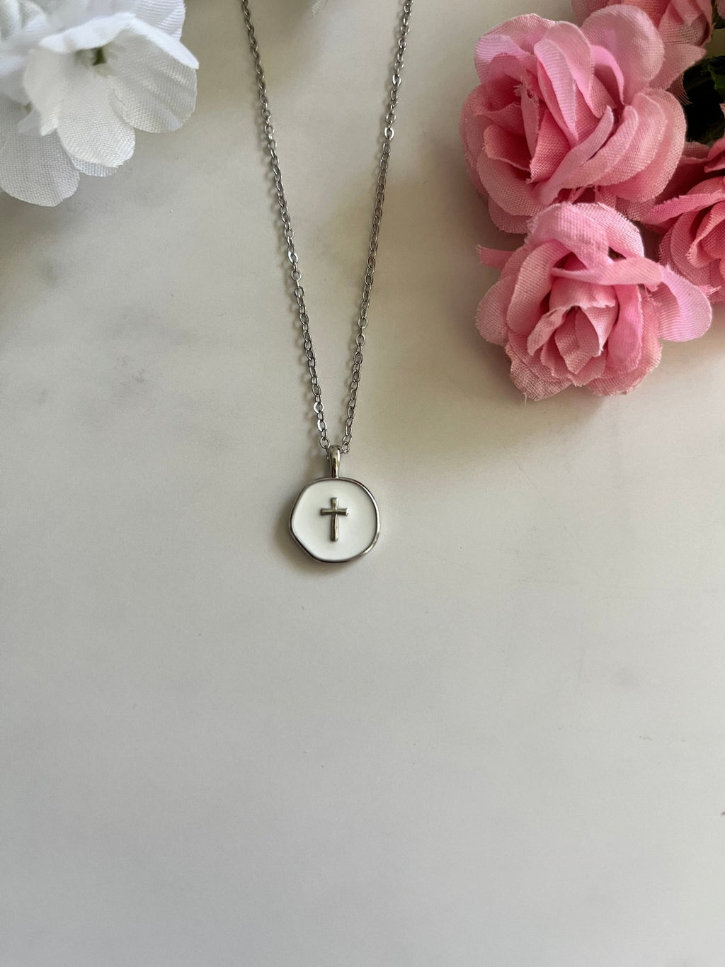 Silver Necklace White Cross Pendant - Elegant 18" Hypoallergenic Design - Quarter Circle AK Boutique