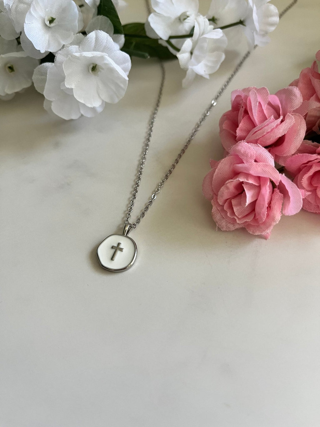 Silver Necklace White Cross Pendant - Elegant 18" Hypoallergenic Design - Quarter Circle AK Boutique