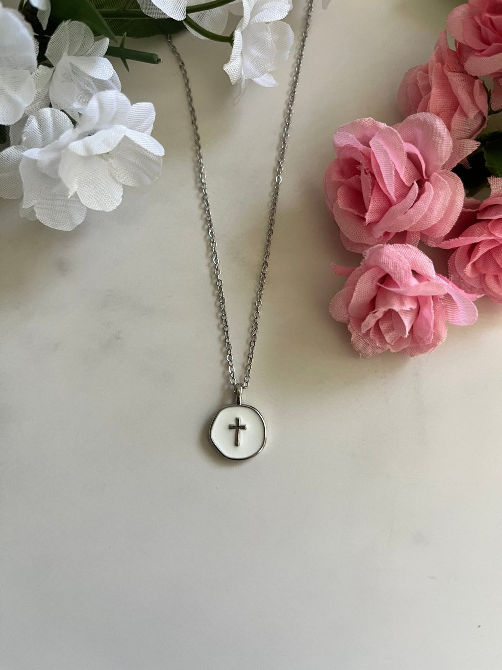 Silver Necklace White Cross Pendant - Elegant 18" Hypoallergenic Design - Quarter Circle AK Boutique