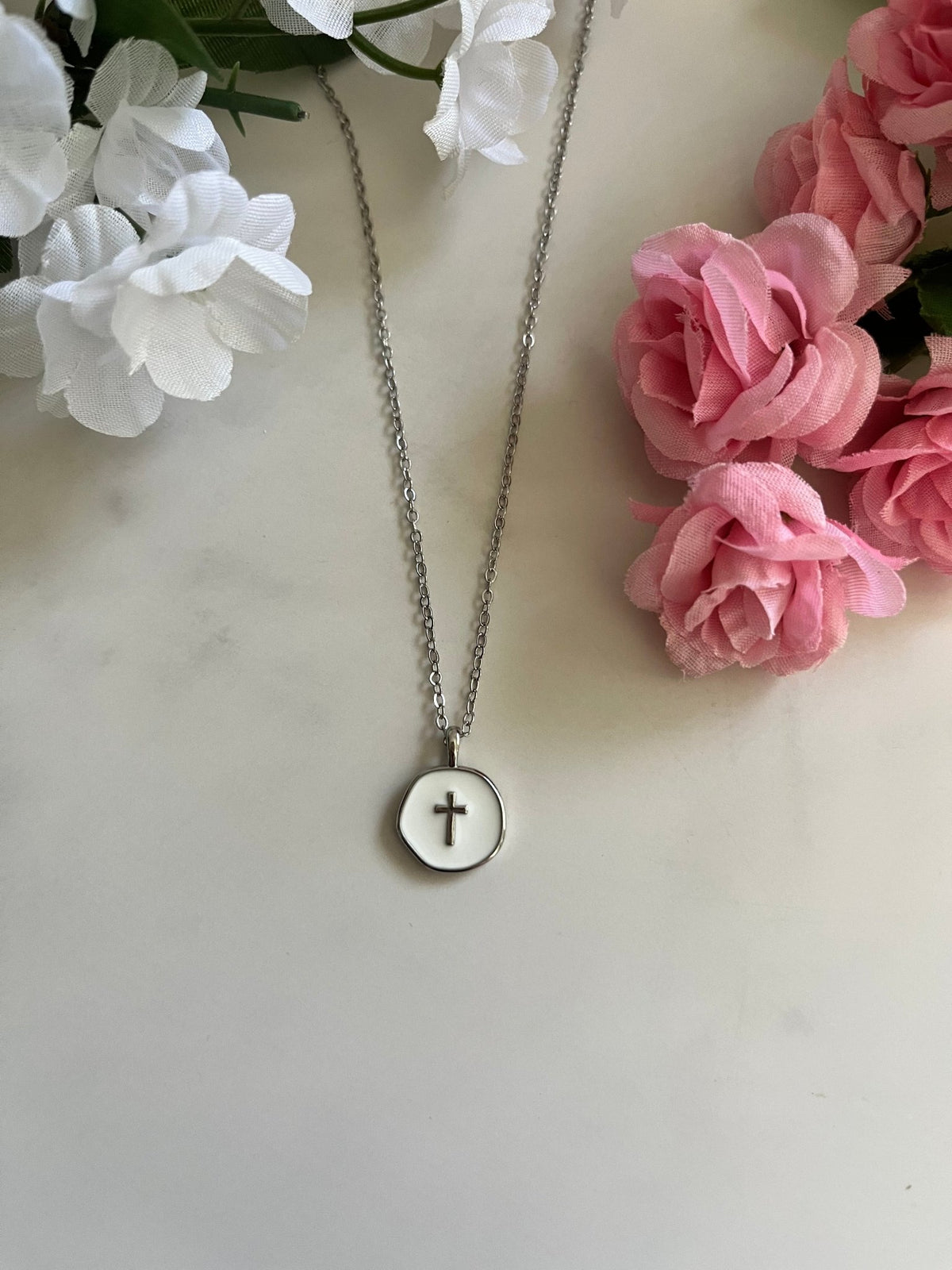 Silver Necklace White Cross Pendant - Elegant 18" Hypoallergenic Design - Quarter Circle AK Boutique