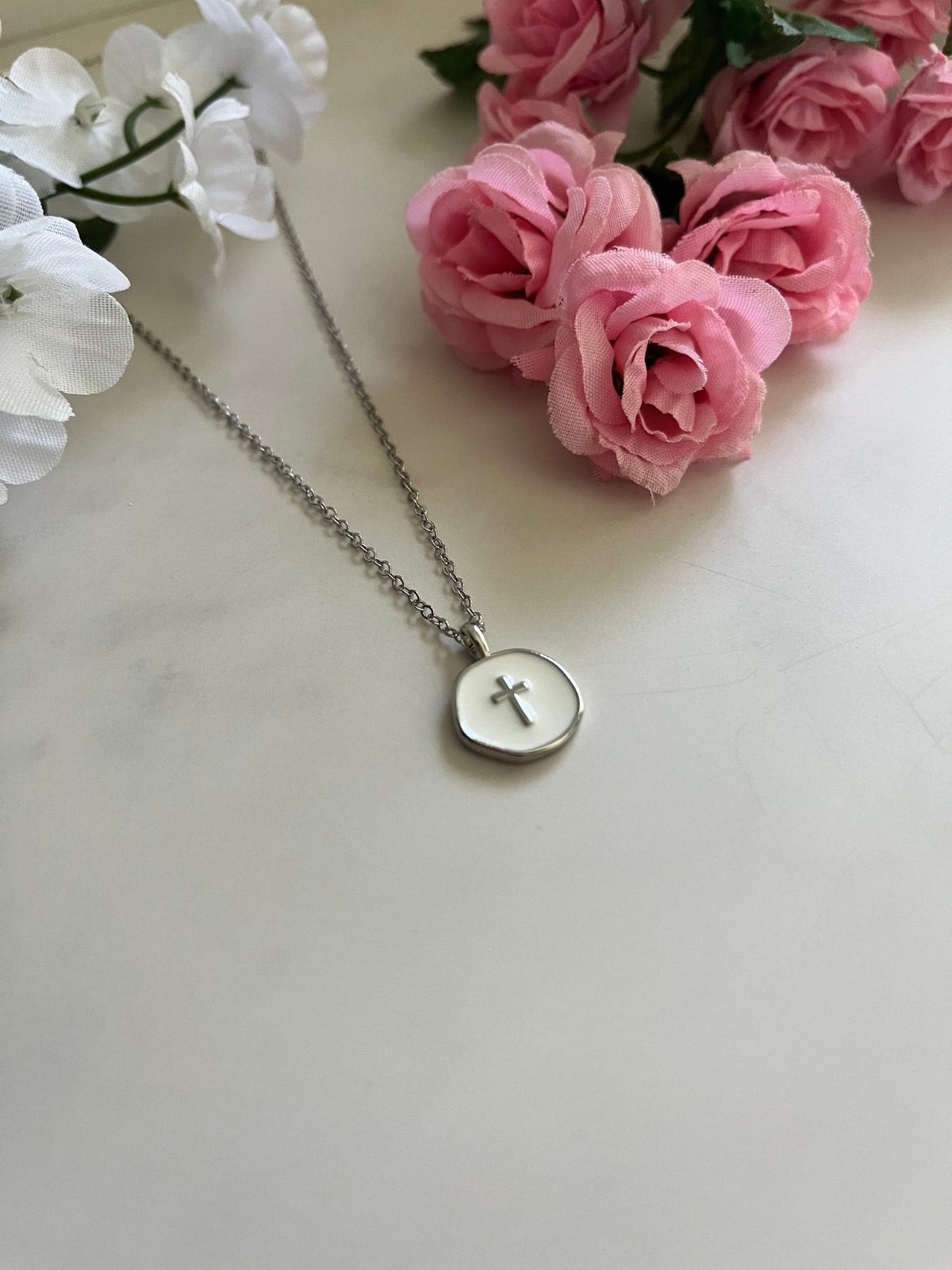 Silver Necklace White Cross Pendant - Elegant 18" Hypoallergenic Design - Quarter Circle AK Boutique
