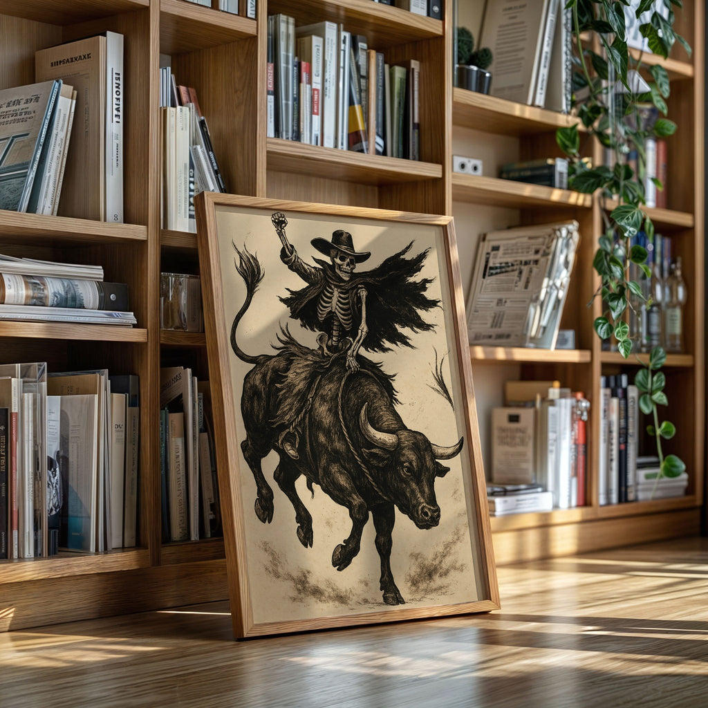 Skeleton Bull Rider – Vintage Western Rodeo Skull Art Print - Quarter Circle AK Boutique