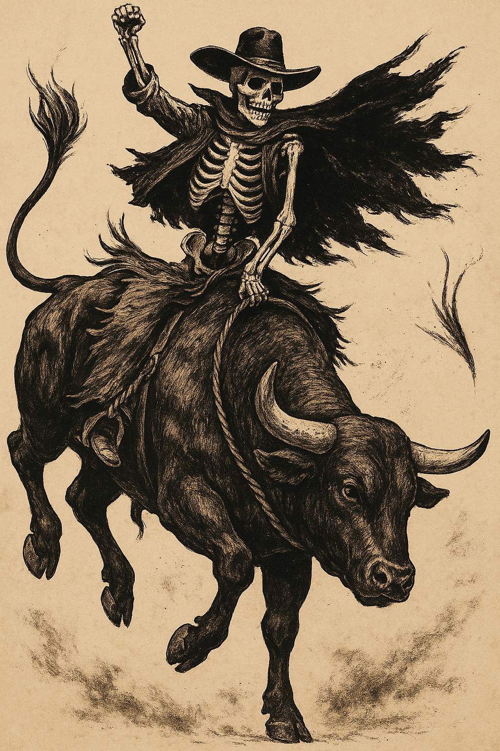Skeleton Bull Rider – Vintage Western Rodeo Skull Art Print - Quarter Circle AK Boutique