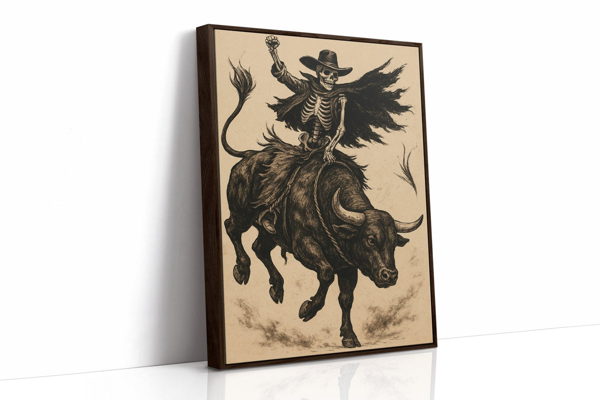 Skeleton Bull Rider – Vintage Western Rodeo Skull Art Print - Quarter Circle AK Boutique