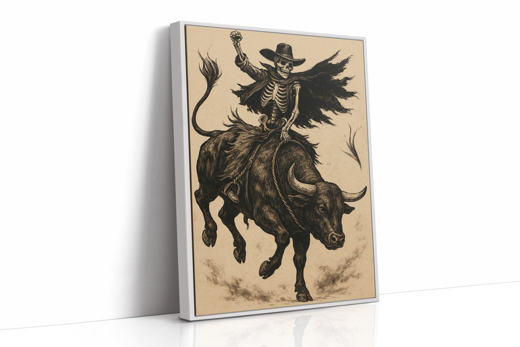 Skeleton Bull Rider – Vintage Western Rodeo Skull Art Print - Quarter Circle AK Boutique