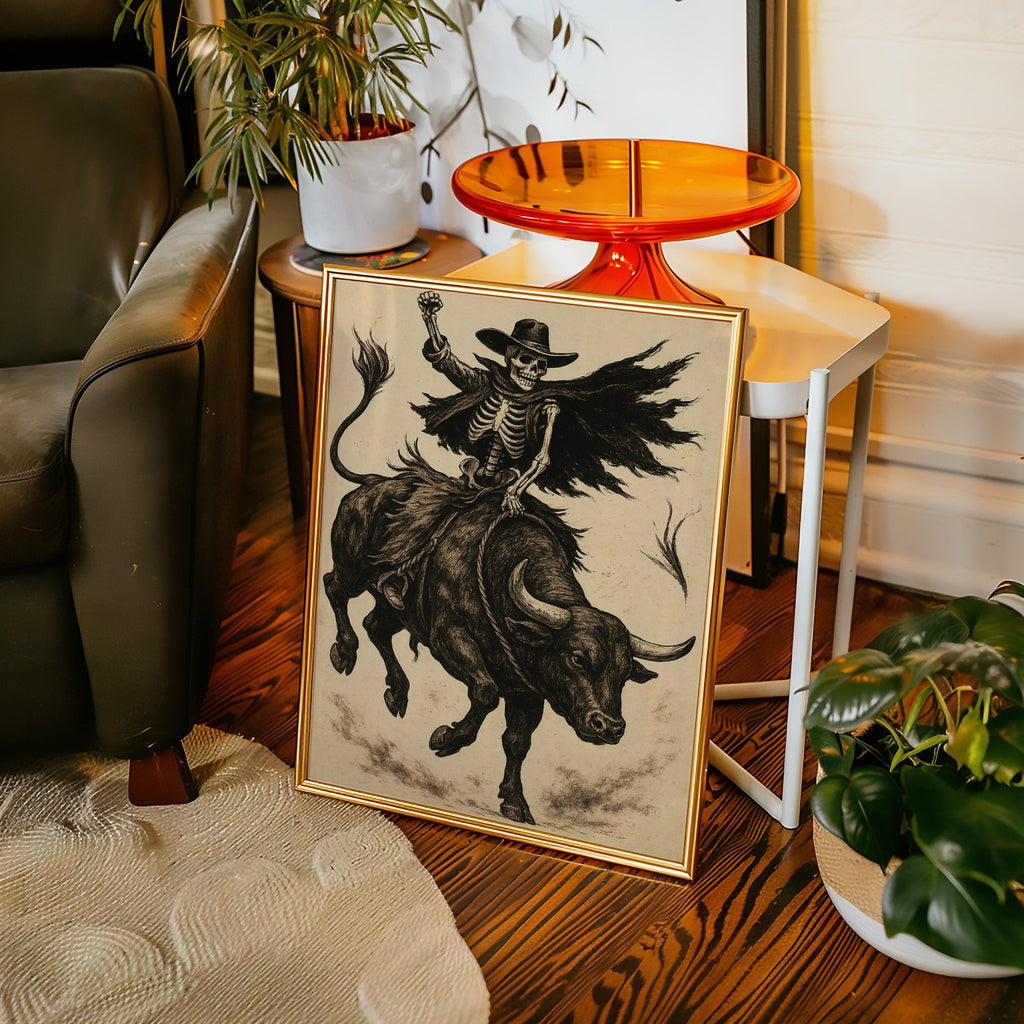 Skeleton Bull Rider – Vintage Western Rodeo Skull Art Print - Quarter Circle AK Boutique