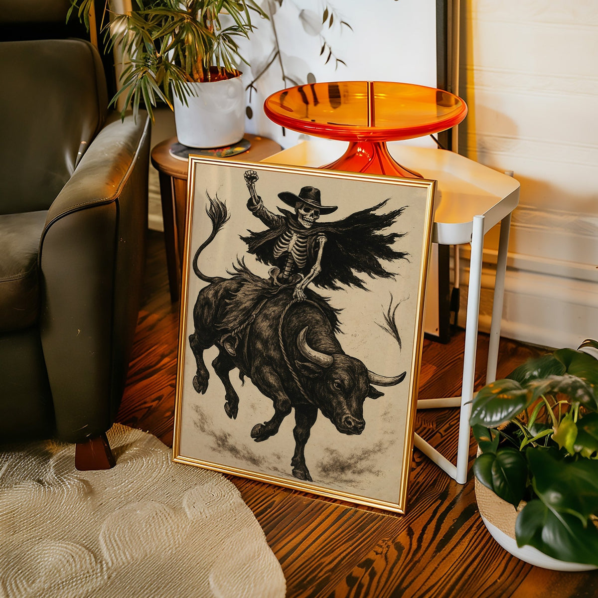 Skeleton Bull Rider – Vintage Western Rodeo Skull Art Print - Quarter Circle AK Boutique