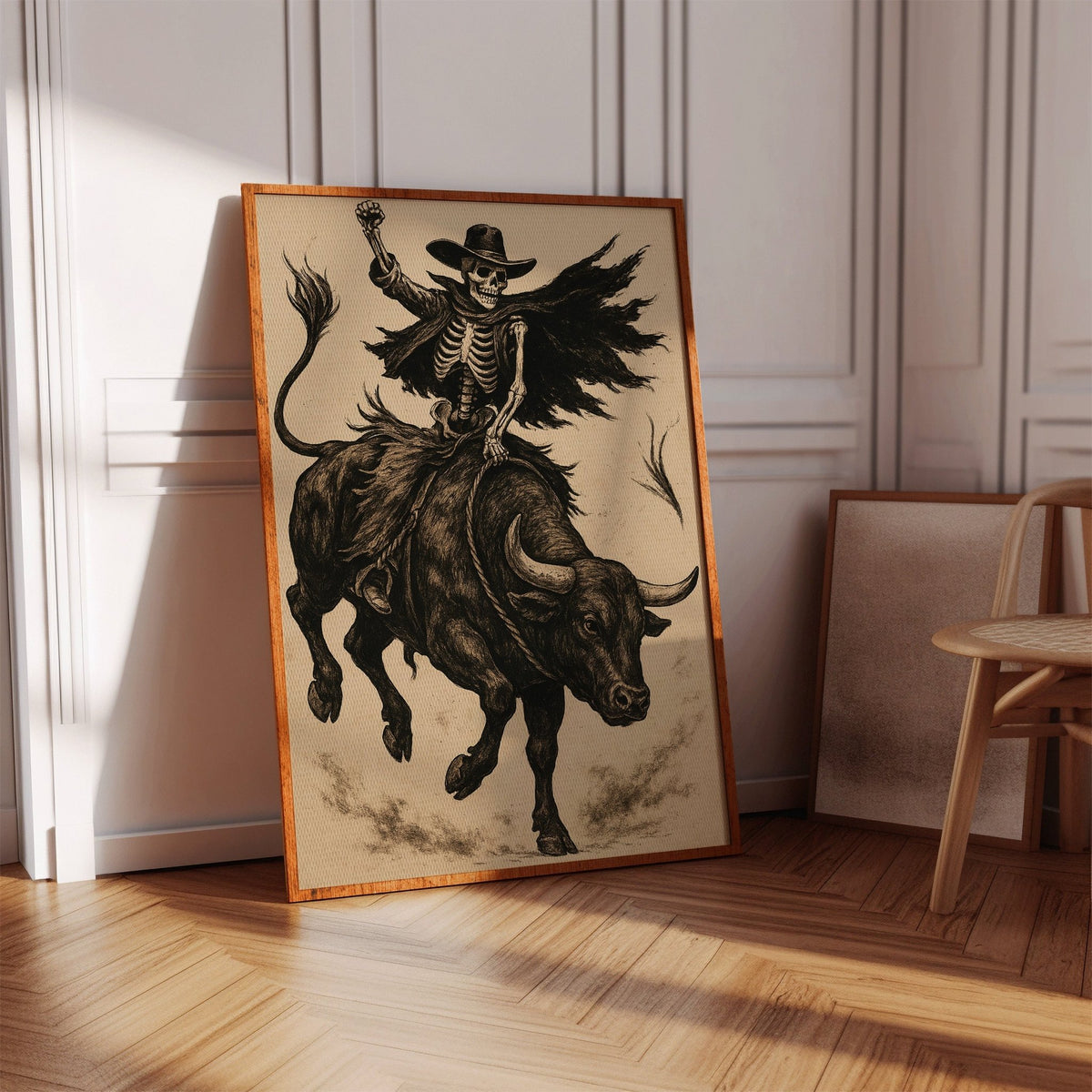 Skeleton Bull Rider – Vintage Western Rodeo Skull Art Print - Quarter Circle AK Boutique