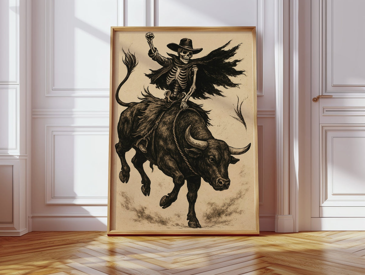 Skeleton Bull Rider – Vintage Western Rodeo Skull Art Print - Quarter Circle AK Boutique