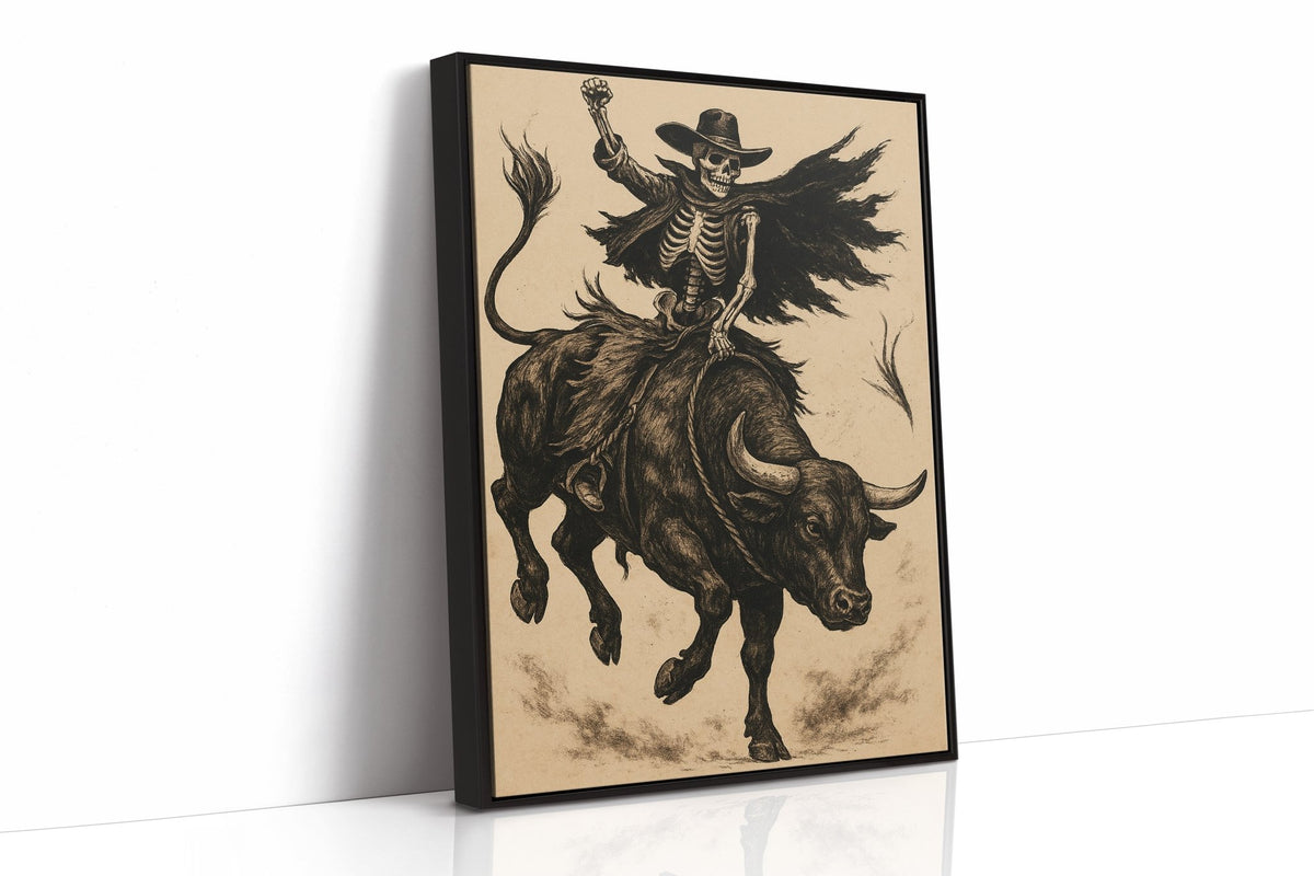 Skeleton Bull Rider – Vintage Western Rodeo Skull Art Print - Quarter Circle AK Boutique