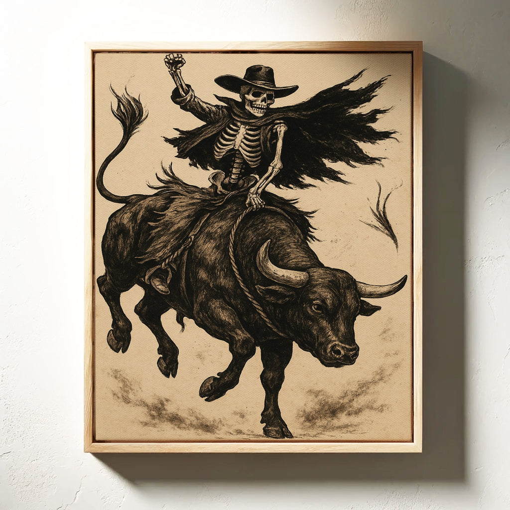 Skeleton Bull Rider – Vintage Western Rodeo Skull Art Print - Quarter Circle AK Boutique