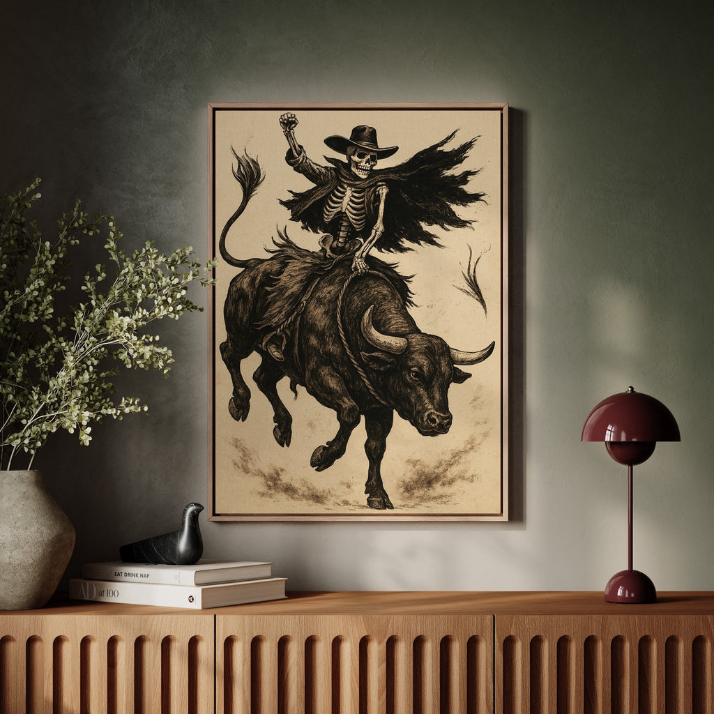 Skeleton Bull Rider – Vintage Western Rodeo Skull Art Print - Quarter Circle AK Boutique