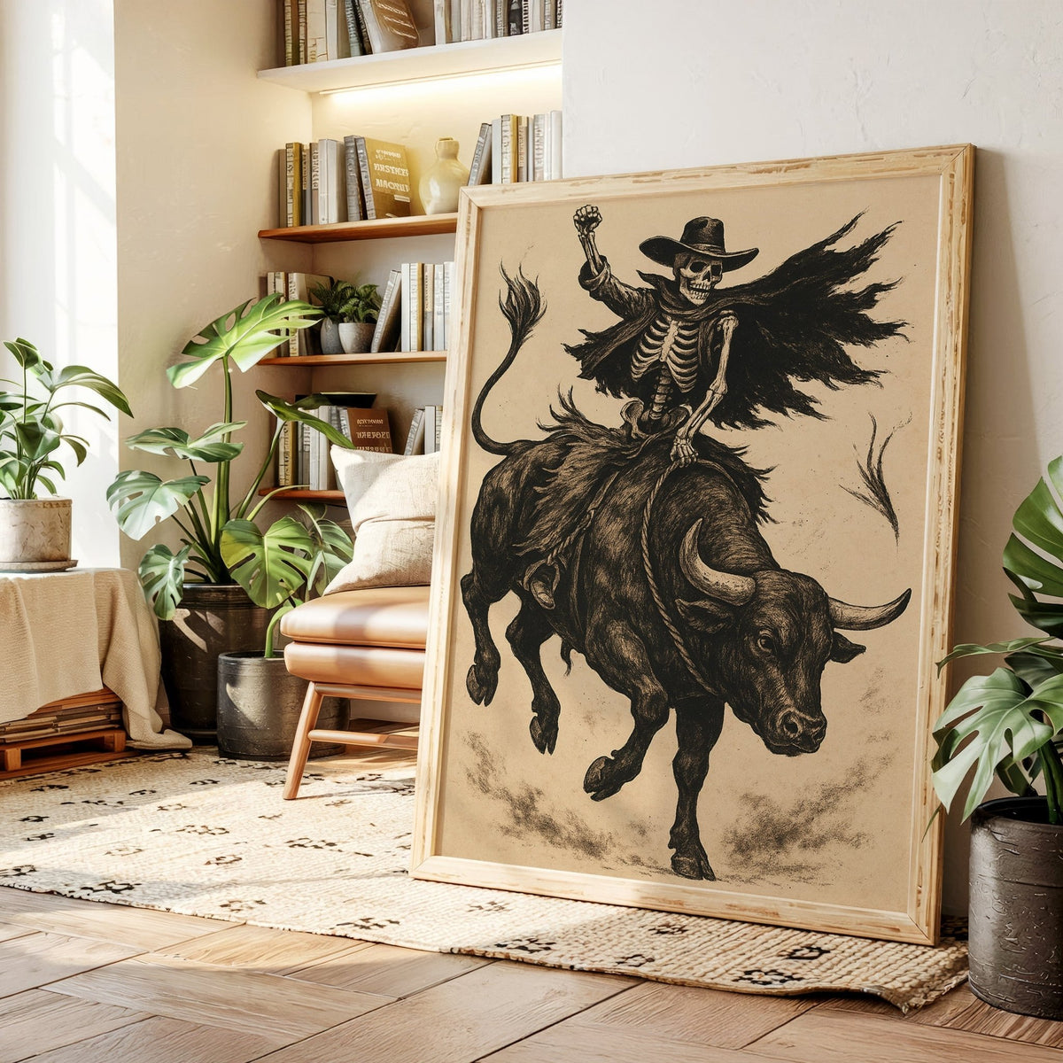 Skeleton Bull Rider – Vintage Western Rodeo Skull Art Print - Quarter Circle AK Boutique