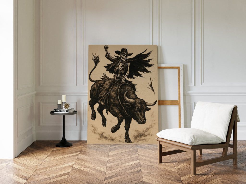 Skeleton Bull Rider – Vintage Western Rodeo Skull Art Print - Quarter Circle AK Boutique