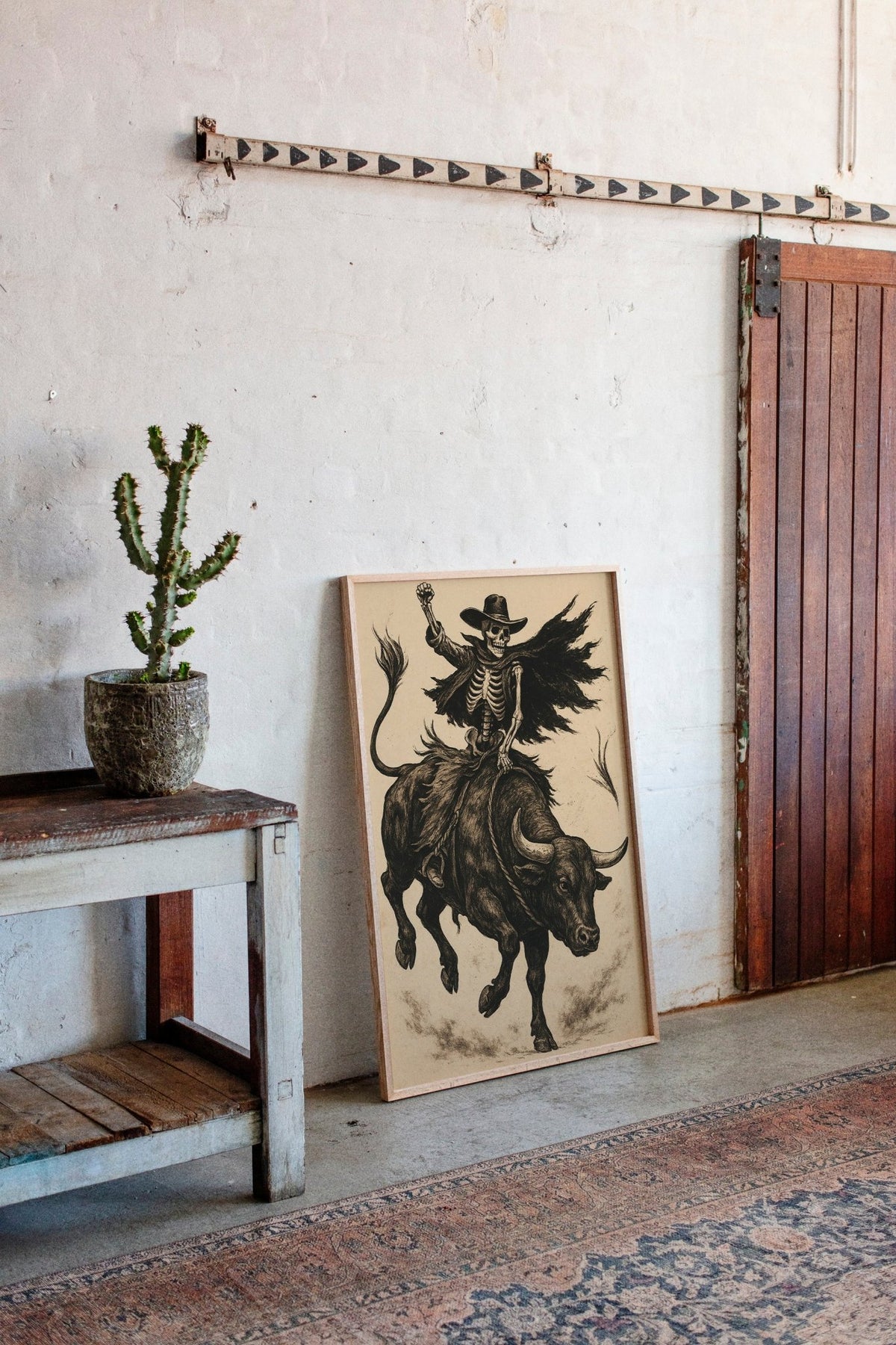 Skeleton Bull Rider – Vintage Western Rodeo Skull Art Print - Quarter Circle AK Boutique