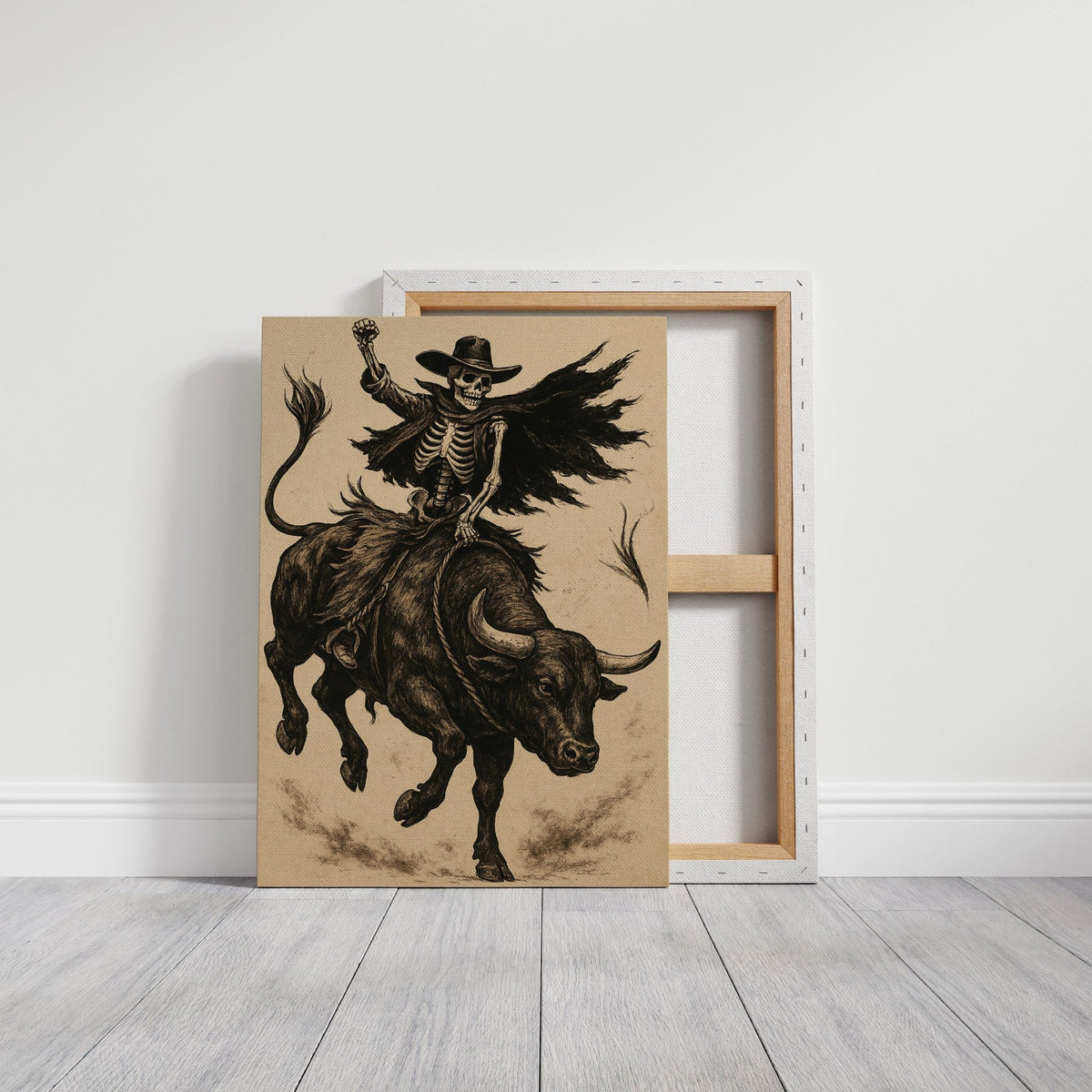 Skeleton Bull Rider – Vintage Western Rodeo Skull Art Print - Quarter Circle AK Boutique