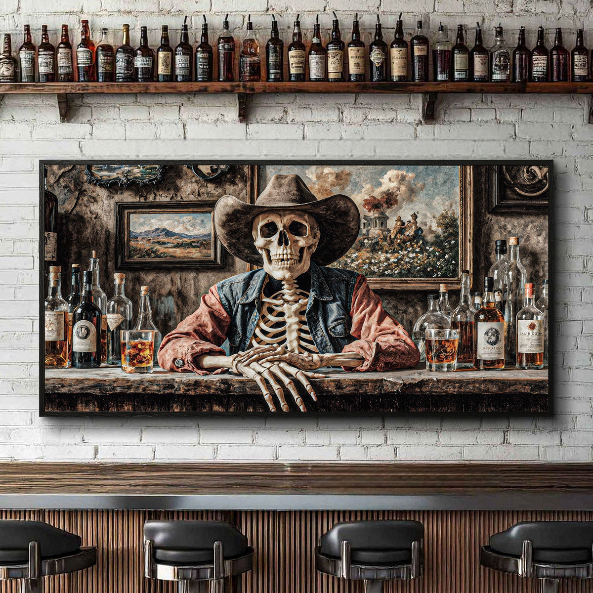 Skeleton Cowboy Barman At Western Saloon Wall Art - Quarter Circle AK Boutique