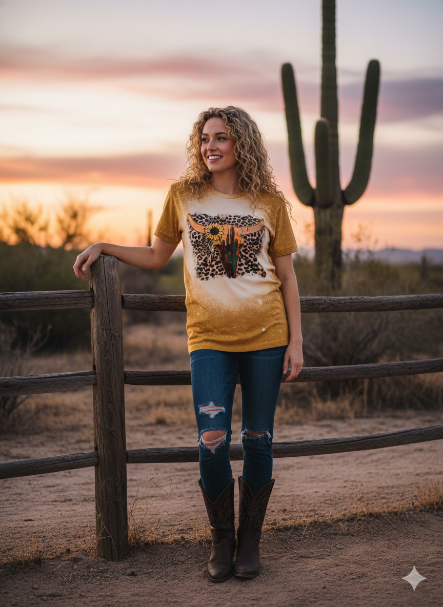 Leopard Print Steer Skull Graphic Tee | Bella + Canvas 3001 Mustard Yellow Unisex T-Shirt | Boho Western Bleached Top | Desert Cactus & Sunflower Apparel