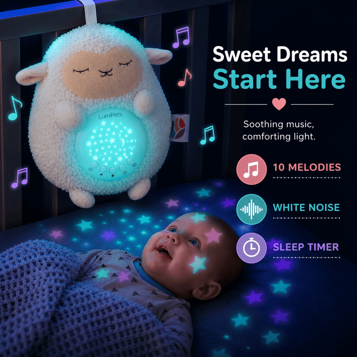 Sound Soother Lamb - Nursery Sound Soother Night Light - Quarter Circle AK Boutique