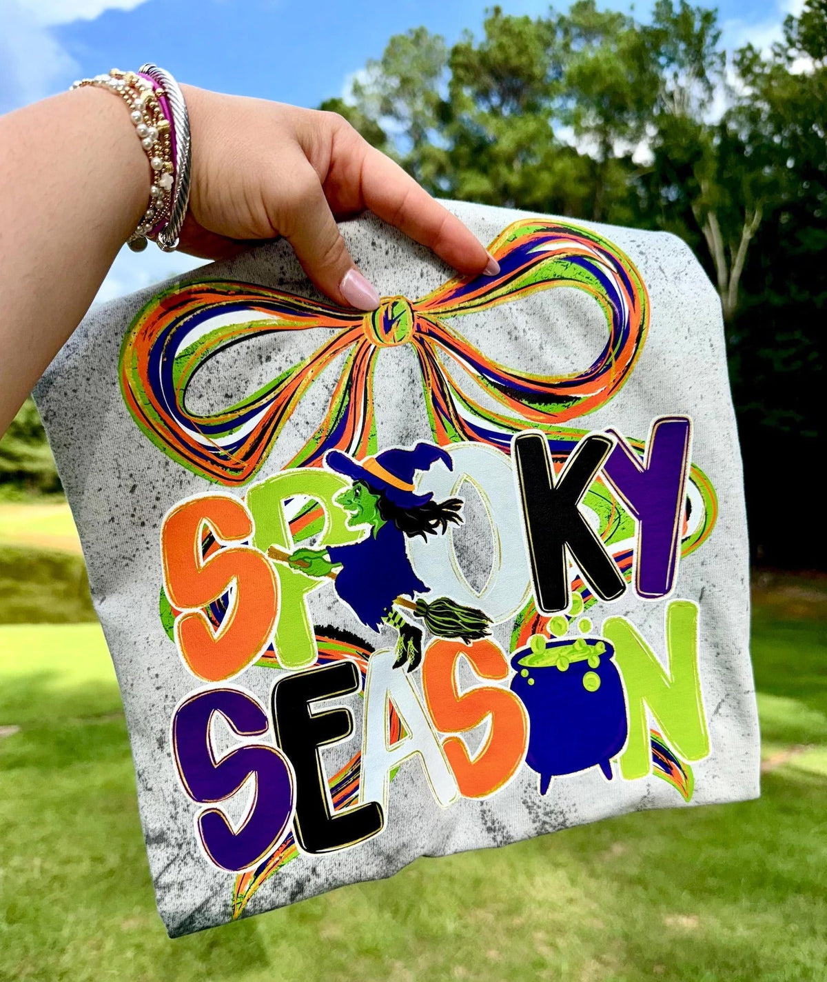 Spooky season bow with witch tee or sweatshirt - Quarter Circle AK Boutique