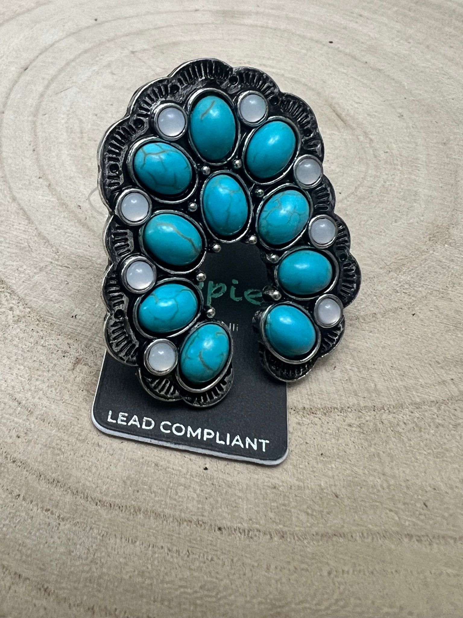 Western Squash Blossom Adjustable Ring — Faux Turquoise & Faux Opal Hand Statement