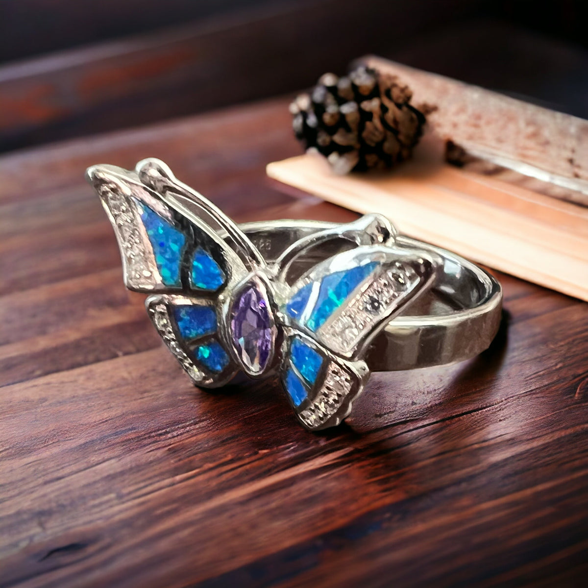 Sterling Butterfly Ring with Opalite inlay and CZ - Size 10