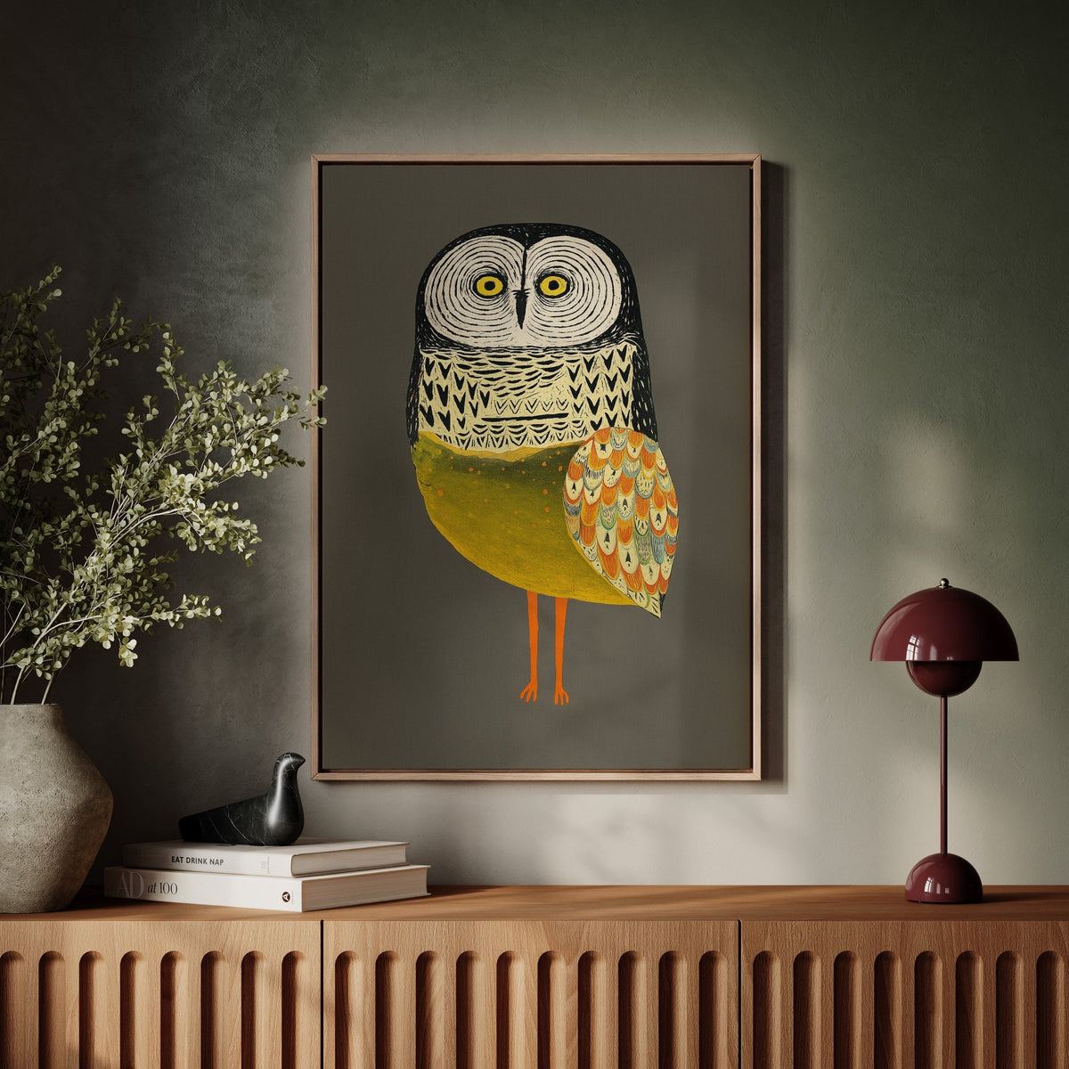 Stylized Owl with Golden Feathers - Quarter Circle AK Boutique