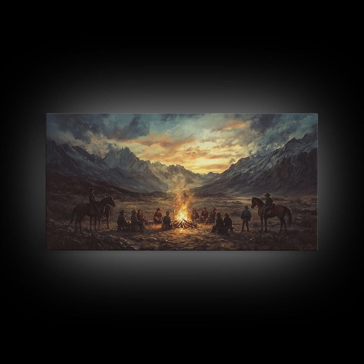 Sunset Cowboys Around Campfire Framed Canvas Print Western Scenic Art Perfect Winter Wall Decor and Rustic Mountain Cabin Art - Quarter Circle AK Boutique