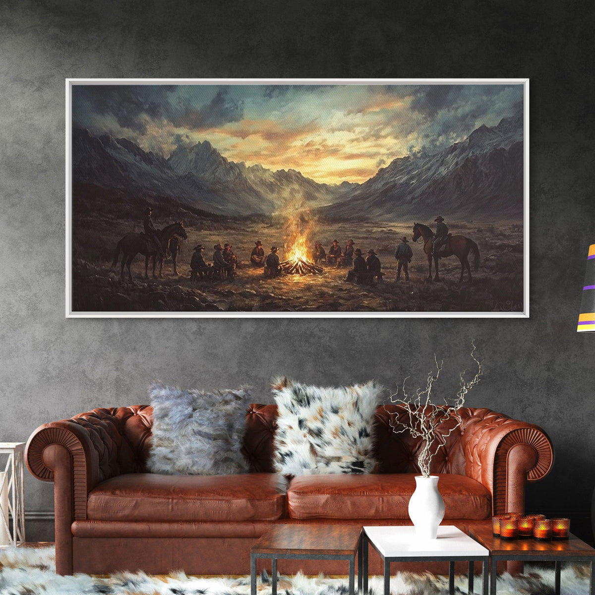 Sunset Cowboys Around Campfire Framed Canvas Print Western Scenic Art Perfect Winter Wall Decor and Rustic Mountain Cabin Art - Quarter Circle AK Boutique