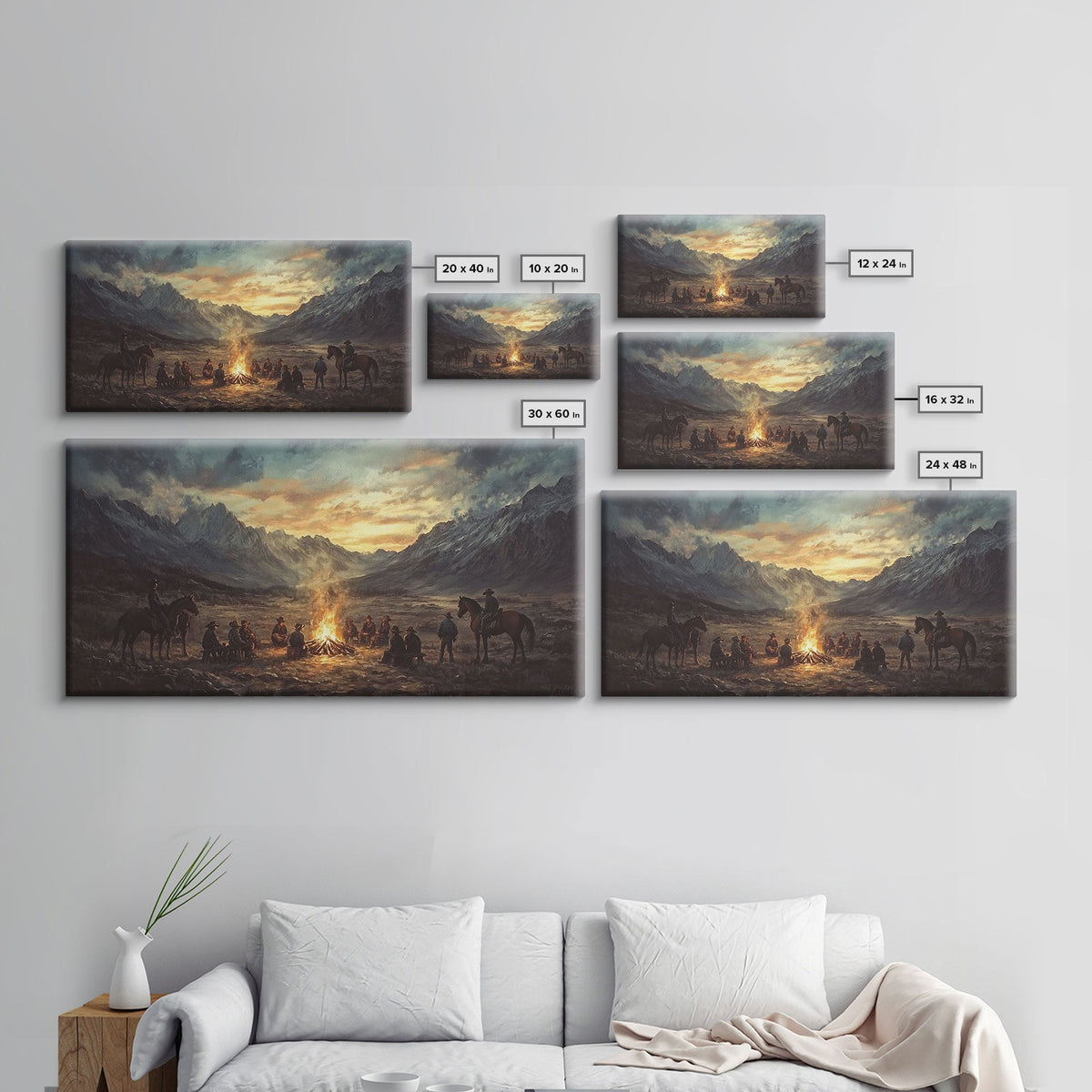 Sunset Cowboys Around Campfire Framed Canvas Print Western Scenic Art Perfect Winter Wall Decor and Rustic Mountain Cabin Art - Quarter Circle AK Boutique
