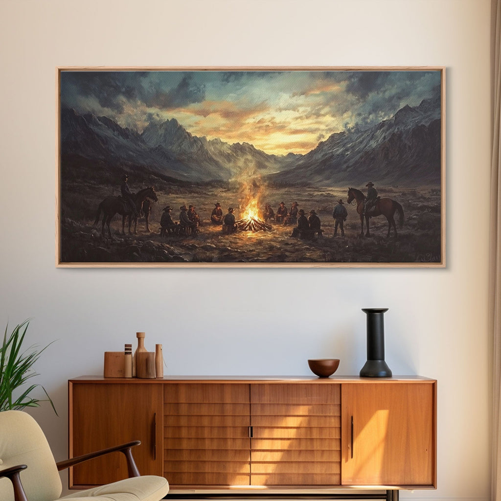 Sunset Cowboys Around Campfire Framed Canvas Print Western Scenic Art Perfect Winter Wall Decor and Rustic Mountain Cabin Art - Quarter Circle AK Boutique