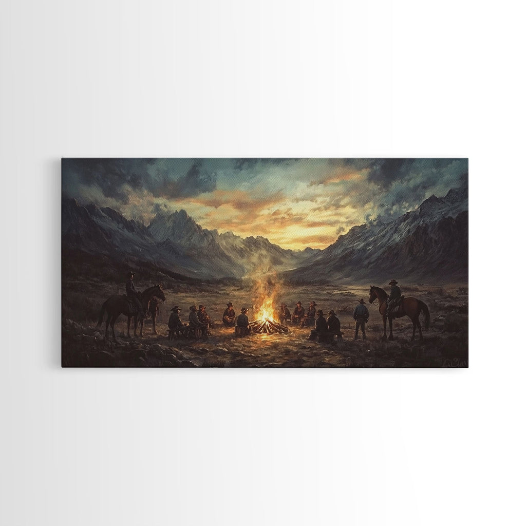 Sunset Cowboys Around Campfire Framed Canvas Print Western Scenic Art Perfect Winter Wall Decor and Rustic Mountain Cabin Art - Quarter Circle AK Boutique