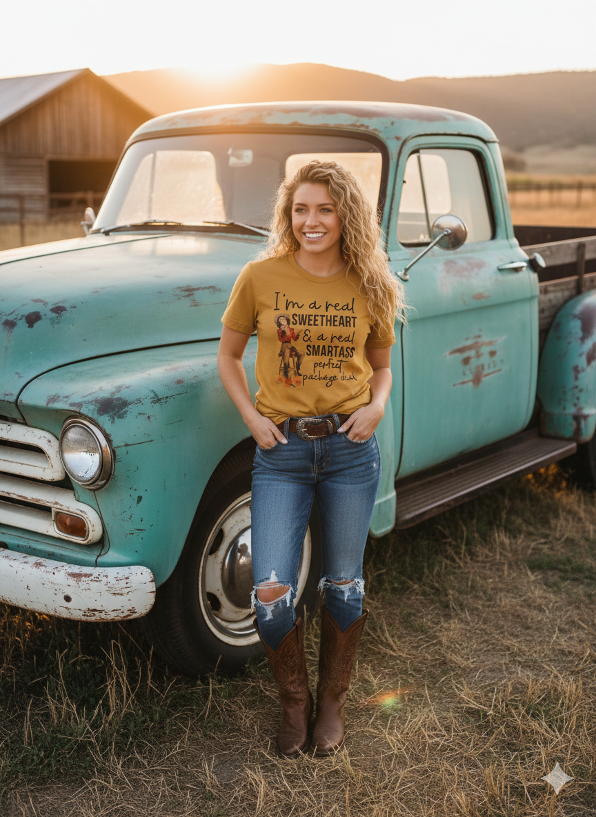 Retro Cowgirl Sassy Graphic Tee | Bella + Canvas 3001 Mustard Yellow Unisex T-Shirt | Smartass Sweetheart Vintage Western Top | Boho Country Music Festival Shirt
