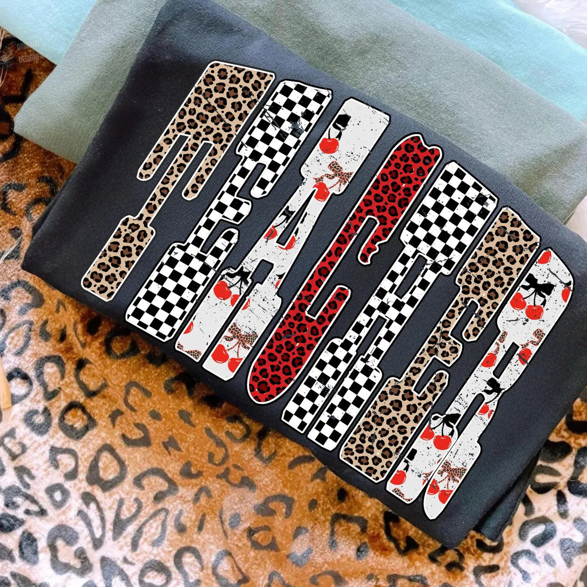 Teacher cherry checker leopard design tee or sweatshirt - Quarter Circle AK Boutique