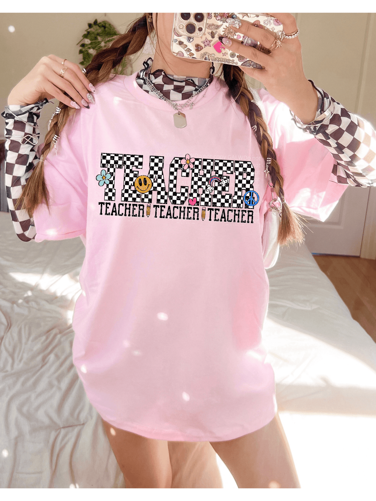 Teacher Teacher Teacher checker tee or sweatshirt - Quarter Circle AK Boutique