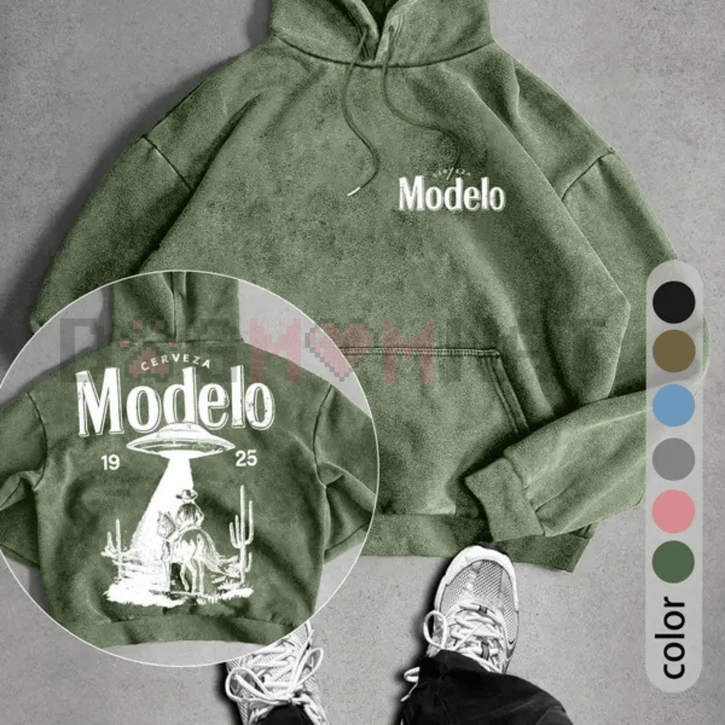UFO and Western Cowboy Men's Street Retro Style Washed Hooded - Quarter Circle AK Boutique