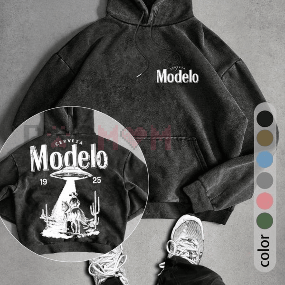 UFO and Western Cowboy Men's Street Retro Style Washed Hooded - Quarter Circle AK Boutique