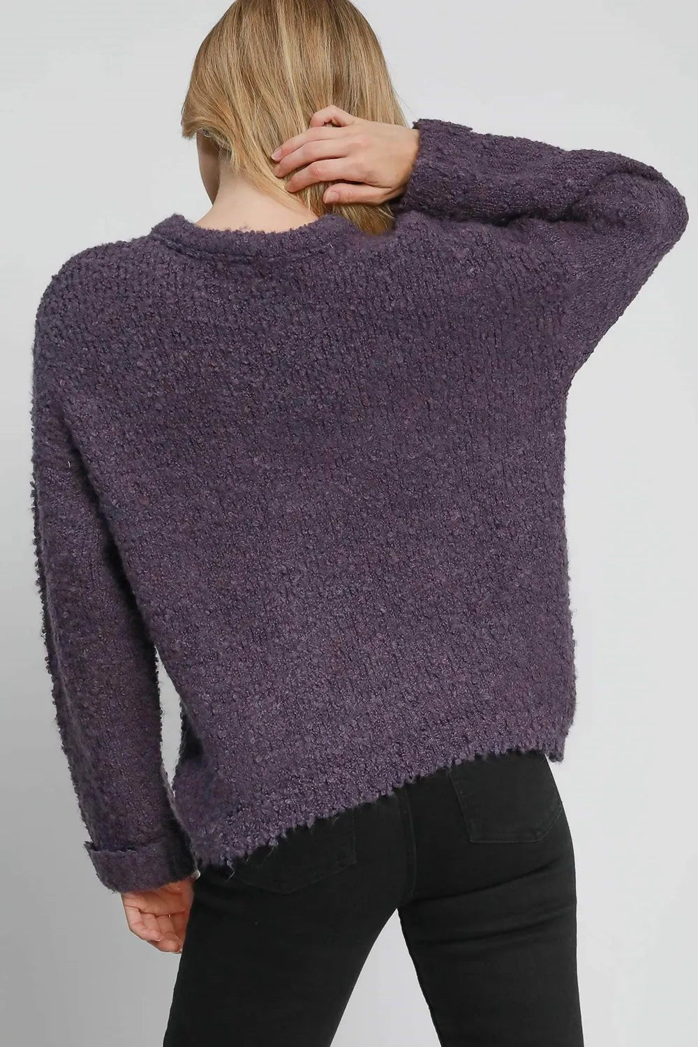 Umgee Full Size Round Neck Long Sleeve Boucle Sweater Plus Size - Quarter Circle AK Boutique