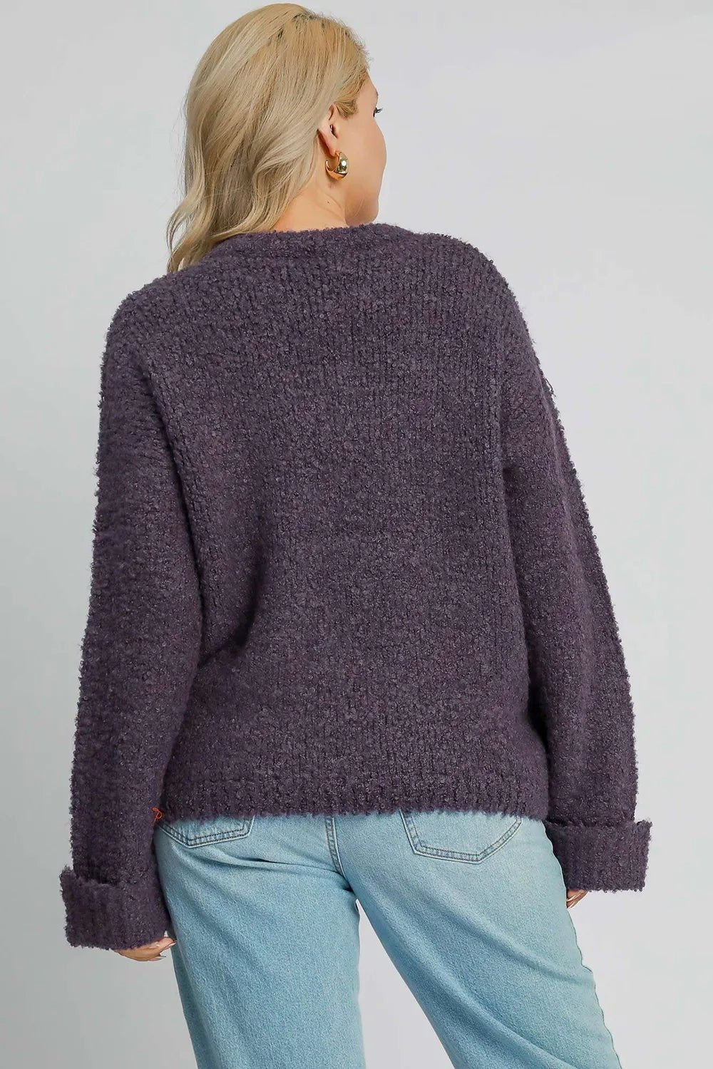 Umgee Full Size Round Neck Long Sleeve Boucle Sweater Plus Size - Quarter Circle AK Boutique