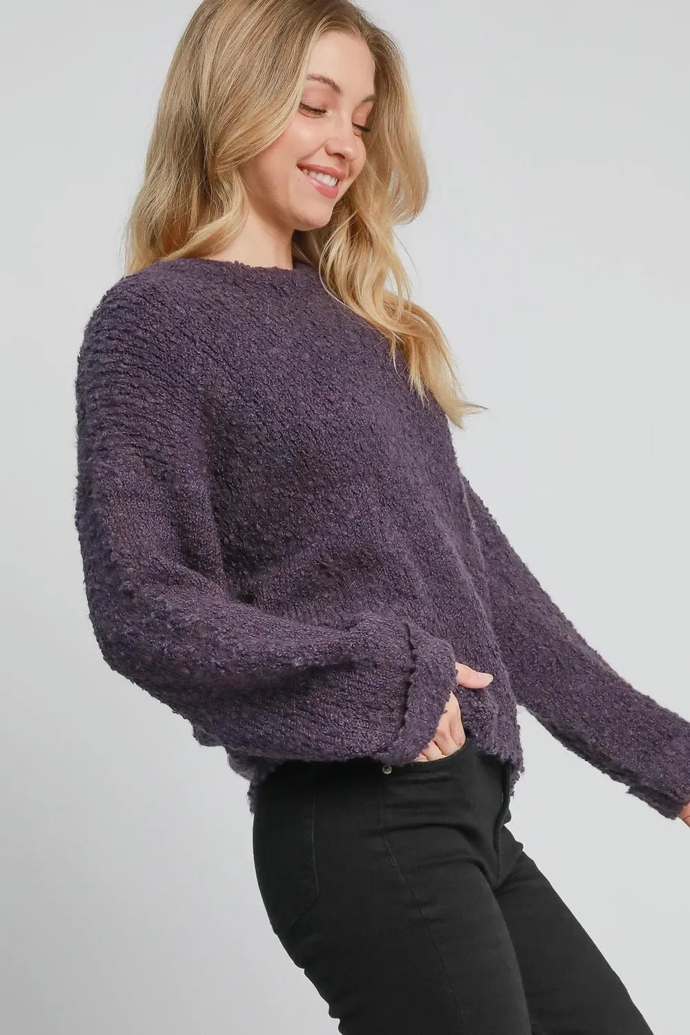Umgee Full Size Round Neck Long Sleeve Boucle Sweater Plus Size - Quarter Circle AK Boutique